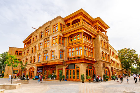 Hotan Renovated Old City Brown Colored Traditional Uyghur Residential Buildings with Walking People...