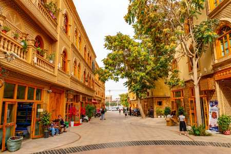 Hotan Renovated Old City Brown Colored Traditional Uyghur Residential Buildings with Walking People...
