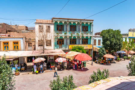 Kashgar Famous Hundred Year Old Tea House High Angle View from Terrace on a Sunny Blue Sky Dayのeditorial素材
