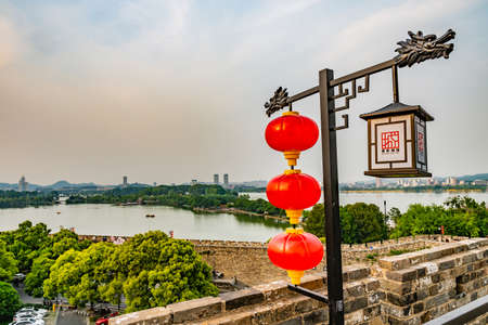 High Angle View of Nanjing Xuanwu Lake Park with Chinese Red Colored Lanterns During Afternoon Sunsetのeditorial素材