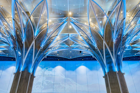 Urumqi Metro Station Xinshi at International Airport with Two Blue Colored Flower Like Columns