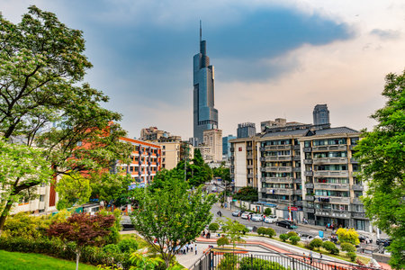 Nanjing Panoramic Breathtaking Cityscape High Angle View of Residential Buildings and Skyscraper...