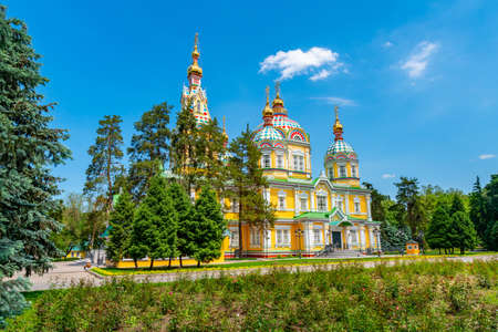 Almaty Russian Orthodox Christian Zenkov Ascension Cathedral of the Lord View in Panfilov Park on a Sunny Blue Sky Dayの写真素材