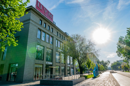 Almaty Zhibek Zholy Walking Street with Tsentralny Univermag Mall and without People Early in the...