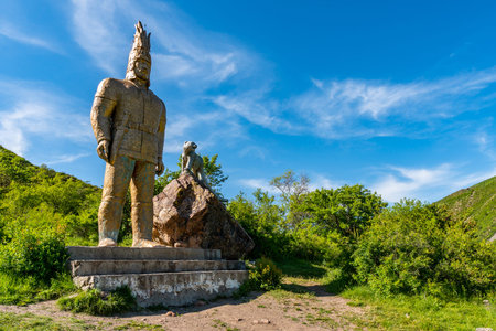 Esik Issyk Turgen Gorge Picturesque View of Sakian Soldier Golden Man and Snow Leopard Statue on a...
