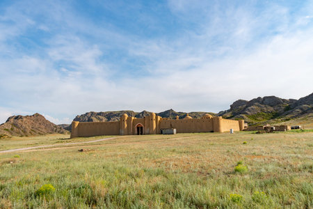 Kapchagay Krepost Nomad Breathtaking Picturesque View of the Fortification on a Sunny Blue Sky Dayの写真素材