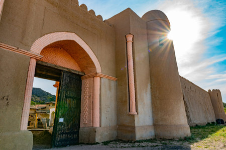 Kapchagay Krepost Nomad Breathtaking Picturesque View of the Fortification Entrance Gate on a Sunny...