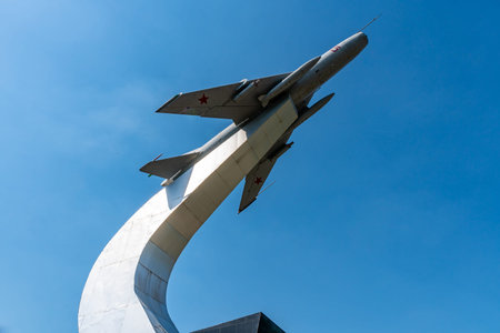 Shymkent Abay Breathtaking Picturesque Park View Soviet Aircraft Monument on a Sunny Blue Sky Day