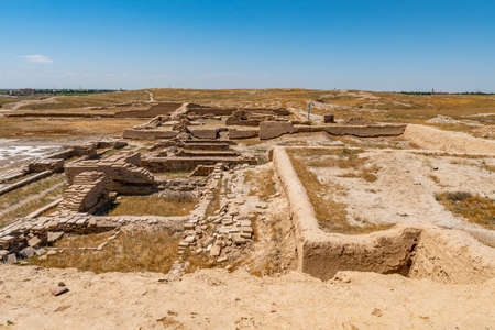 Turkestan Otrartobe Archeological Site Breathtaking Picturesque View of Ancient City Complex on a Sunny Blue Sky Dayの写真素材