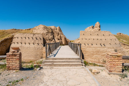 Turkestan Sauran Main Bridge Gate Entrance View of the Archeological Site on a Sunny Blue Sky Dayの写真素材