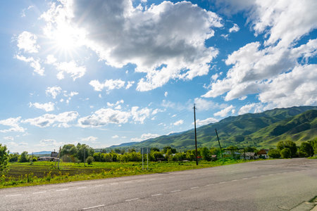 Rudnichny Koksu Karatal River Valley Breathtaking Picturesque View of Village on a Sunny Blue Sky...