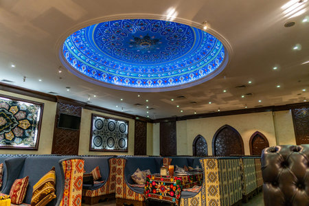 Taraz Popular Samarkand City Restaurant Picturesque Indoor View with Blue Colored Ceiling Lights