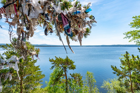 Burabay Borovoe National Park Main Lake Breathtaking Picturesque View with Tied Ribbons on Trees for...