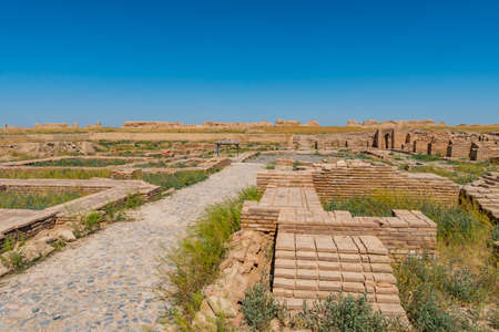 Turkestan Sauran Walled City Picturesque Breathtaking View of the Archeological Site on a Sunny Blue Sky Dayの写真素材