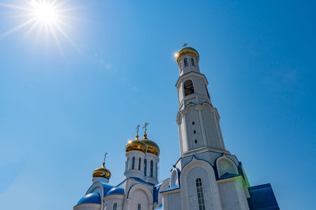 Nur-Sultan Astana Russian Orthodox Christian Assumption Cathedral Sun Rays View on a Sunny Blue Sky...