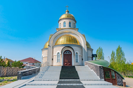 Nur-Sultan Astana Saint Joseph Ukrainian Greek Catholic Church Frontal View on a Sunny Blue Sky Day