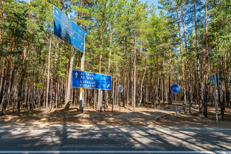 Burabay Borovoe National Park Wooden Road for Bicycles with Breathtaking Forest View and Road Signs...