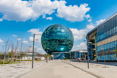 Nur-Sultan Astana EXPO 2017 Nur Alem Pavilion Remarkable Artistic Ball Shaped Glass Building on a Sunny Blue Sky Dayのeditorial素材