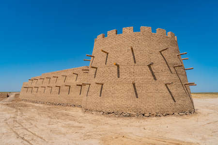 Turkestan Sauran Walled City Picturesque Breathtaking View of the Archeological Site on a Sunny Blue Sky Dayのeditorial素材
