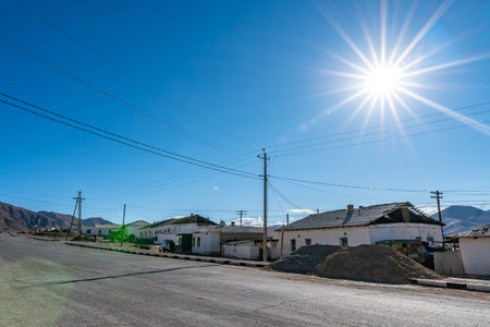 Pamir Highway Murghab Town Modest Common Residential Area Buildings Picturesque View on a Sunny Blue...