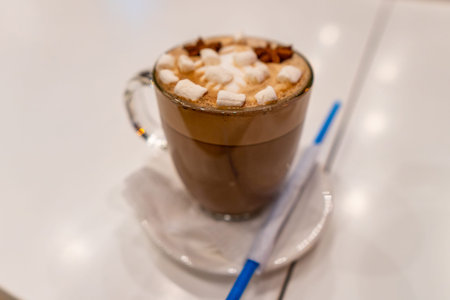 Tasty Traditional French Hot Chocolate Drink with Marshmallow Pieces in a Glass