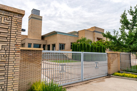Dushanbe Ismaili Centre Picturesque View from Ismoil Somoni Avenue on a Cloudy Rainy Day