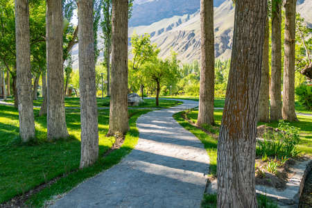 Khorugh City Park Breathtaking Picturesque View of Leading Lines Walkway on a Sunny Blue Sky Dayの写真素材