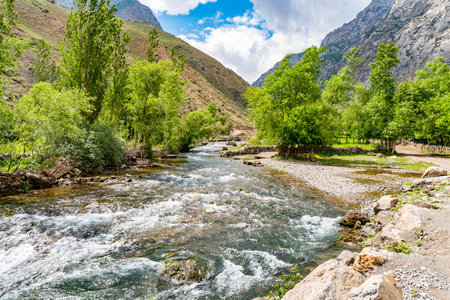 Penjikent Haft Kul Seven Lakes Breathtaking Picturesque Panoramic View on a Sunny Blue Sky Day