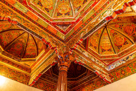 Istaravshan Chor Gumbaz Four Tin Cupolas Mosque View of Interior Wooden Ornamented Ceiling Carvingsのeditorial素材