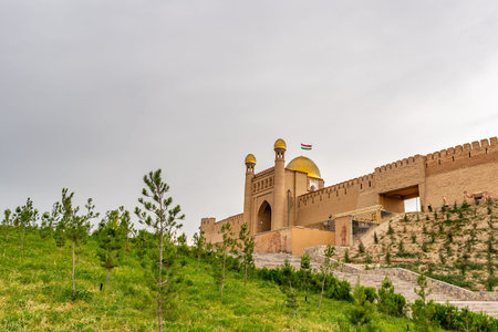 Istaravshan Kalai Mug Teppe Fortress View of Main Gate Entrance on a Cloudy Rainy Day