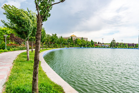 Dushanbe Flag Pole Park Picturesque Lake View of Palace of Nations on a Cloudy Rainy Day