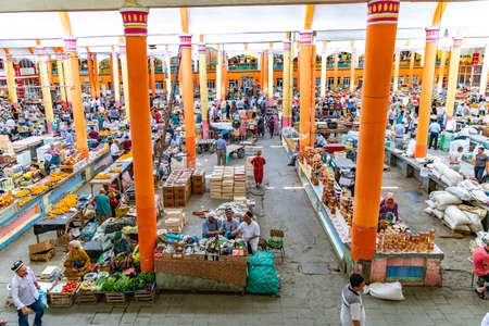 Khujand Panjshanbe Main Bazaar Picturesque Interior View and Market Stand on a Sunny Blue Sky Dayのeditorial素材