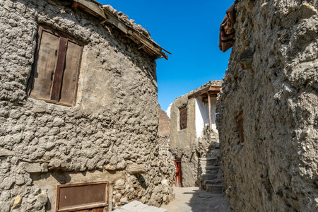 Karimabad Altit Town Breathtaking Picturesque View of the Old City Streets on a Sunny Blue Sky Dayの写真素材