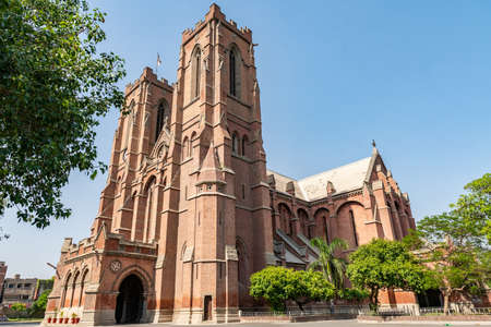 Lahore Anglican Cathedral Church of The Resurrection Picturesque View at Mall Road on a Sunny Blue Sky Dayの写真素材
