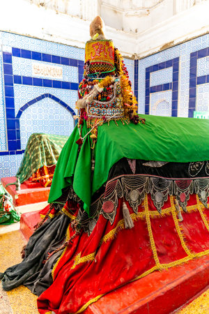 Sukkur Adam Shah Ji Takri Mausoleum Picturesque Interior View of the Grave Coffins on a Sunny Blue...