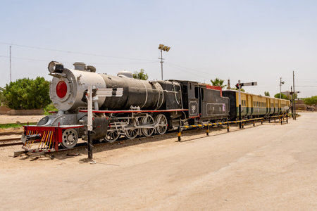 Sukkur Main Railway Station Picturesque View of an Old Retro Steam Locomotive on a Sunny Blue Sky...