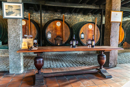 Porto Croft Port Wine Cellar Picturesque Interior View of Wine Barrels and a Table with Alcohol and...