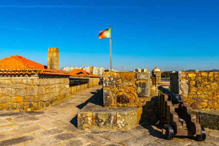 Porto Fort of Saint Francis Xavier Picturesque View with Waving Portuguese Flag and Cannon Guns on a...