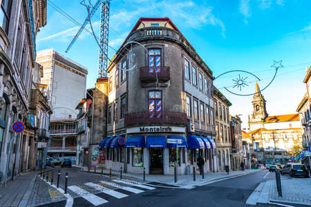 Porto Residential Building Monteiro's Picturesque View at Rua de Fernandes Tomas Street on a Blue Sky Day in Winterのeditorial素材