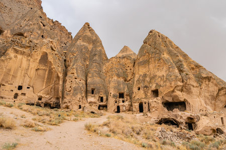 Selime Cathedral Breathtaking Picturesque View of Rock-Cut Houses and Churches on a Blue Sky Day in Summerの写真素材