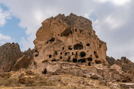 Selime Cathedral Breathtaking Picturesque View of Rock-Cut Houses and Churches on a Blue Sky Day in Summerの写真素材