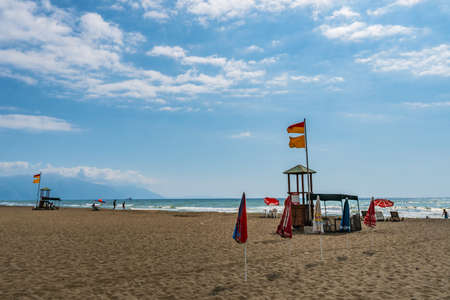 Hayat Samandag Beach Breathtaking Picturesque View with Rescue Watch Towers on a Blue Sky Day in Summerのeditorial素材