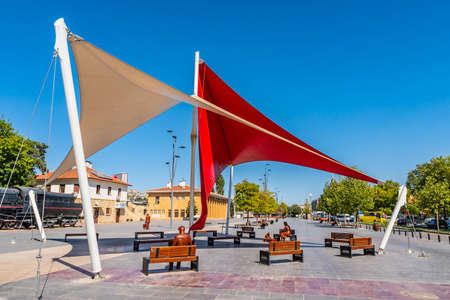 Gaziantep Railway Station Breathtaking Picturesque Frontal View of of Shades Pavilion on a Blue Sky Day in Summerのeditorial素材