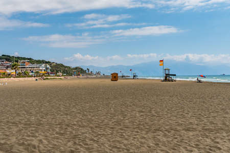 Hayat Samandag Beach Breathtaking Picturesque View with Rescue Watch Towers on a Blue Sky Day in Summerのeditorial素材