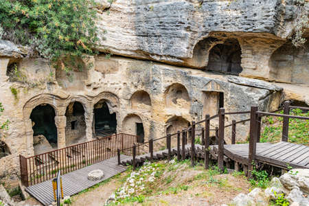Hayat Samandag Vespasianus Titus Tunnel Breathtaking Picturesque View of Necropolis on a Blue Sky Day in Summerのeditorial素材