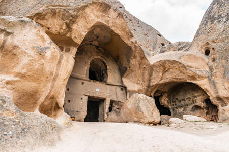 Selime Cathedral Breathtaking Picturesque View of Rock-Cut Houses and Churches on a Blue Sky Day in Summerのeditorial素材