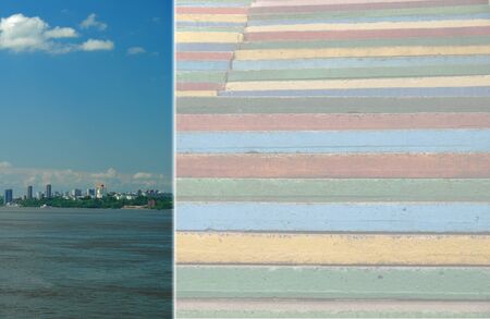 The image of the city at the left side and the transparented image on the rest space for text.の写真素材