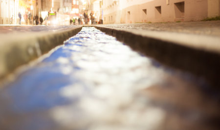 small canal in freiburg at nightの写真素材