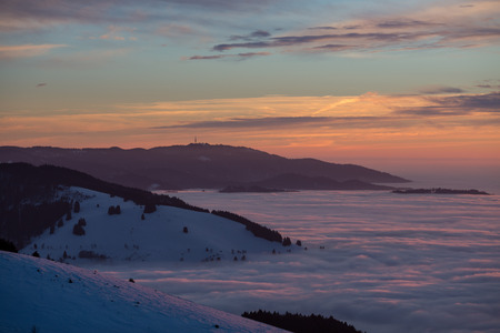 inversion fog in black forest valley, southwest Germanyの写真素材