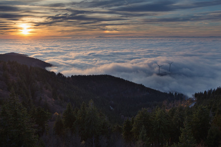 sunset and inversion fog in black forest, Germanyの写真素材
